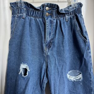Forever 21 Ripped Elastic Waist Paper Bag Ruffle Top Jeans Size 28
